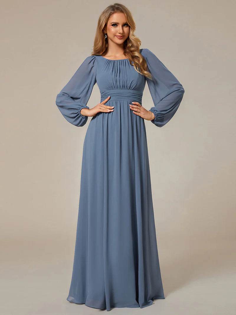 Round Neck Bridesmaid Dress – Long Lantern Sleeves, Elegant Fit - Biamonde